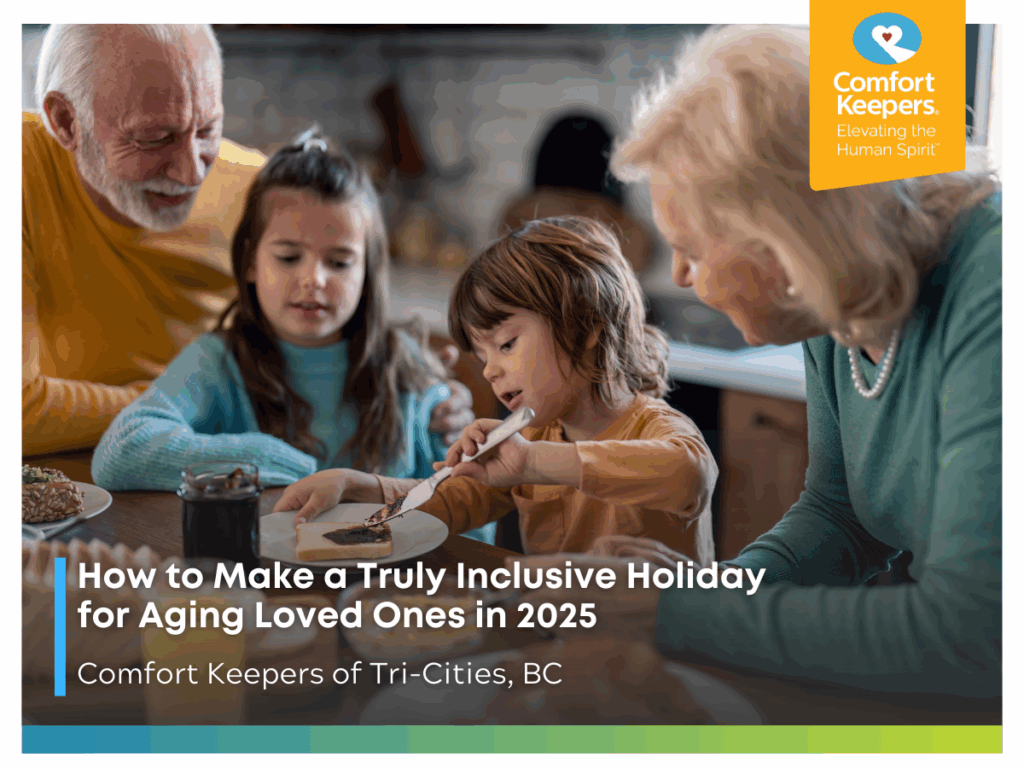 A pair of grandparents getting a snack ready with their grandchildren | How to Make a Truly Inclusive Holiday for Aging Loved Ones in 2025 | Comfort Keepers Tri-Cities