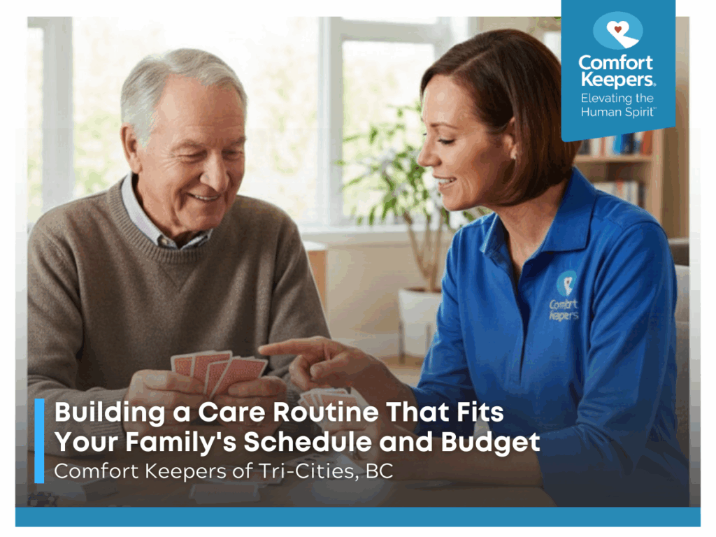 A senior male plays cards with caregiver | Building a Care Routine That Fits Your Family's Schedule and Budget | Comfort Keepers Tri-Cities