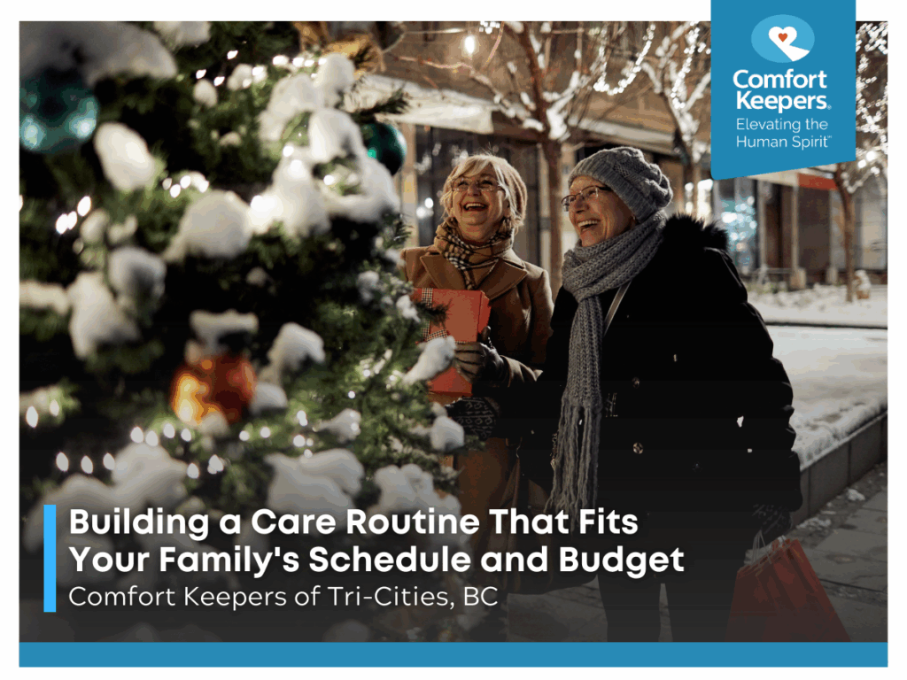 A pair of seniors enjoying a winter walk to look at the tree lights | Building a Care Routine That Fits Your Family's Schedule and Budget | Comfort Keepers Tri-Cities