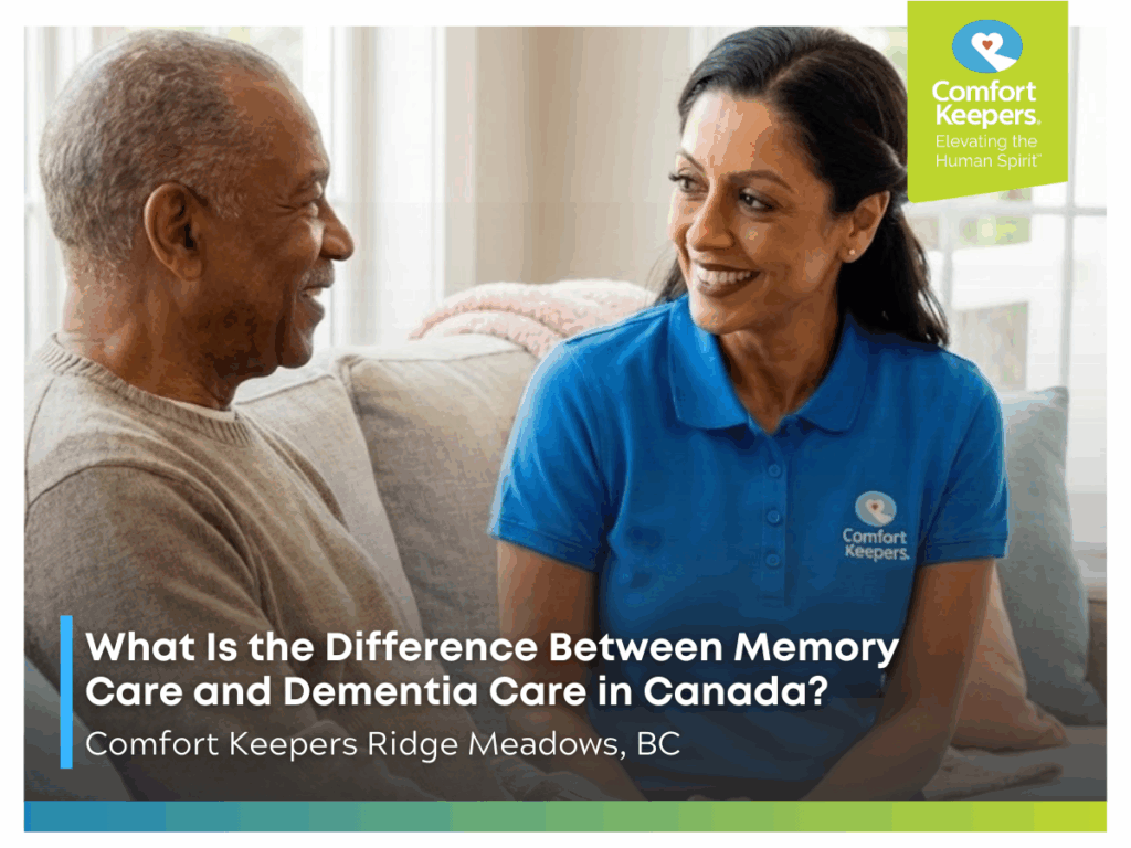 A senior sits on the couch with his caregiver | What Is the Difference Between Memory Care and Dementia Care in Canada? | Comfort Keepers Tri-Cities