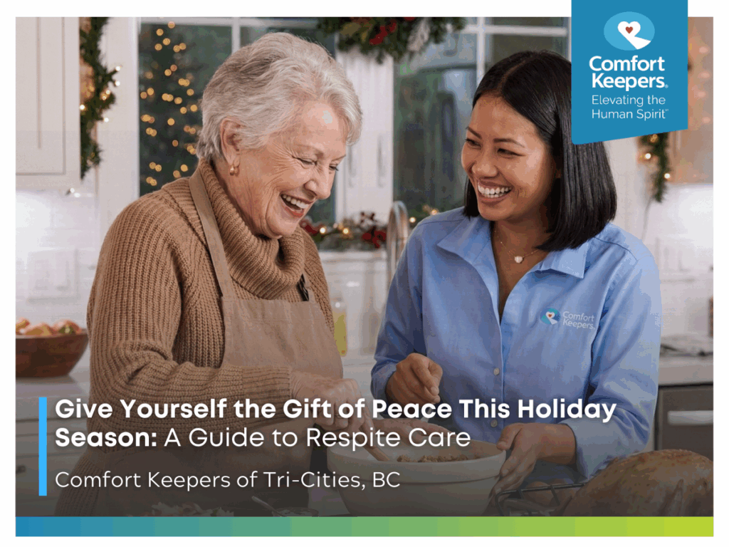 A senior woman bakes with her caregiver | Give Yourself the Gift of Peace This Holiday Season: A Guide to Respite Care | Comfort Keepers Tri-Cities