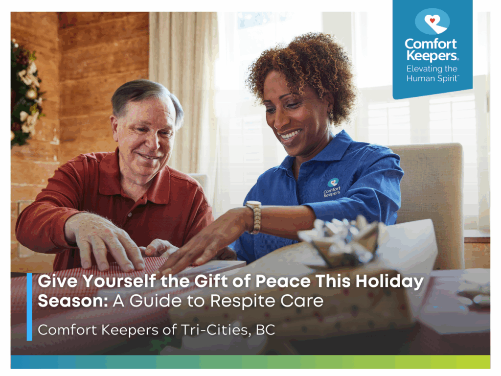 A senior man wraps Christmas presents with his caregiver | Give Yourself the Gift of Peace This Holiday Season: A Guide to Respite Care | Comfort Keepers Tri-Cities