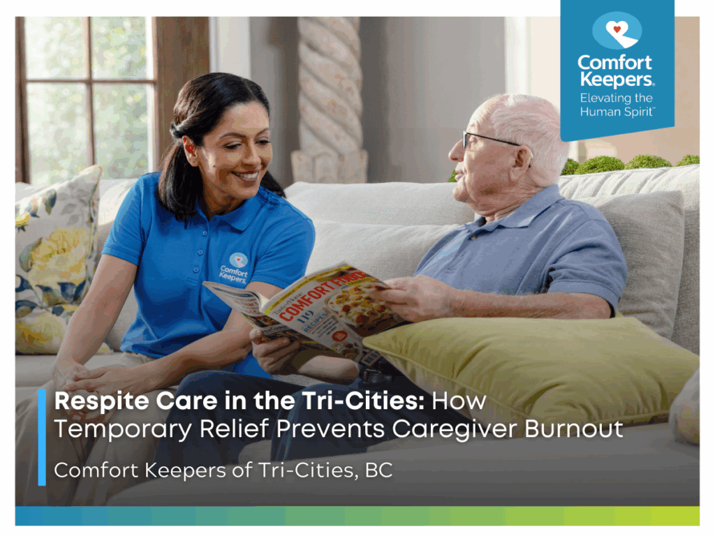 A senior sits on the couch with his caregiver | Respite Care in the Tri-Cities How Temporary Relief Prevents Caregiver Burnout | Comfort Keepers Tri-Cities