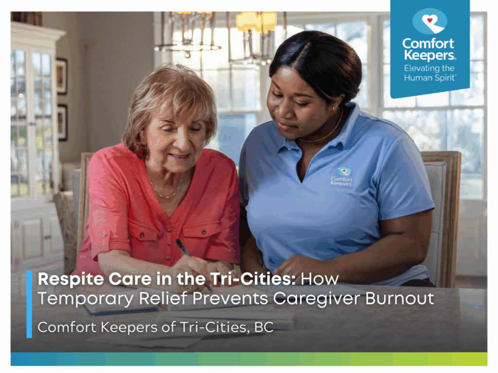 A senior at her kitchen counter with her caregiver | Respite Care in the Tri-Cities How Temporary Relief Prevents Caregiver Burnout | Comfort Keepers Tri-Cities