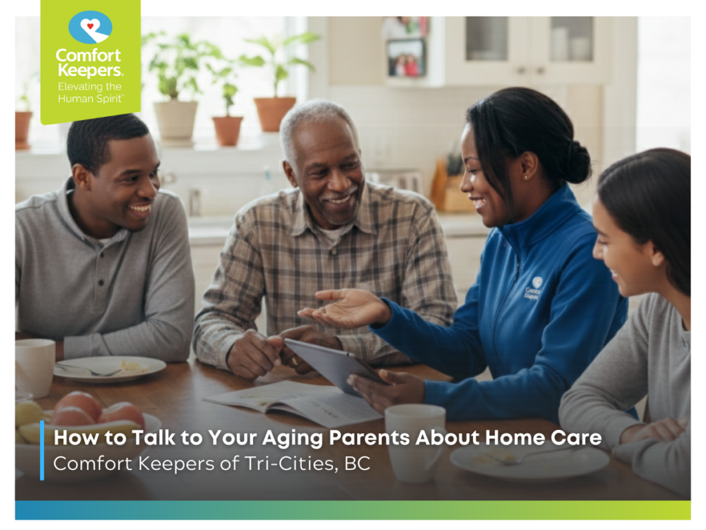 A family sits and chats with a Comfort Keepers caregiver | Talk to Aging Parents About Home Care | Comfort Keepers Tri-Cities