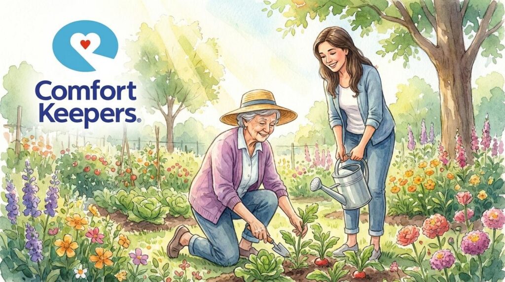 An illustration of a senior gardening with help from her caregiver | How to Talk to Your Aging Parents About Home Care | Comfort Keepers Tri-Cities