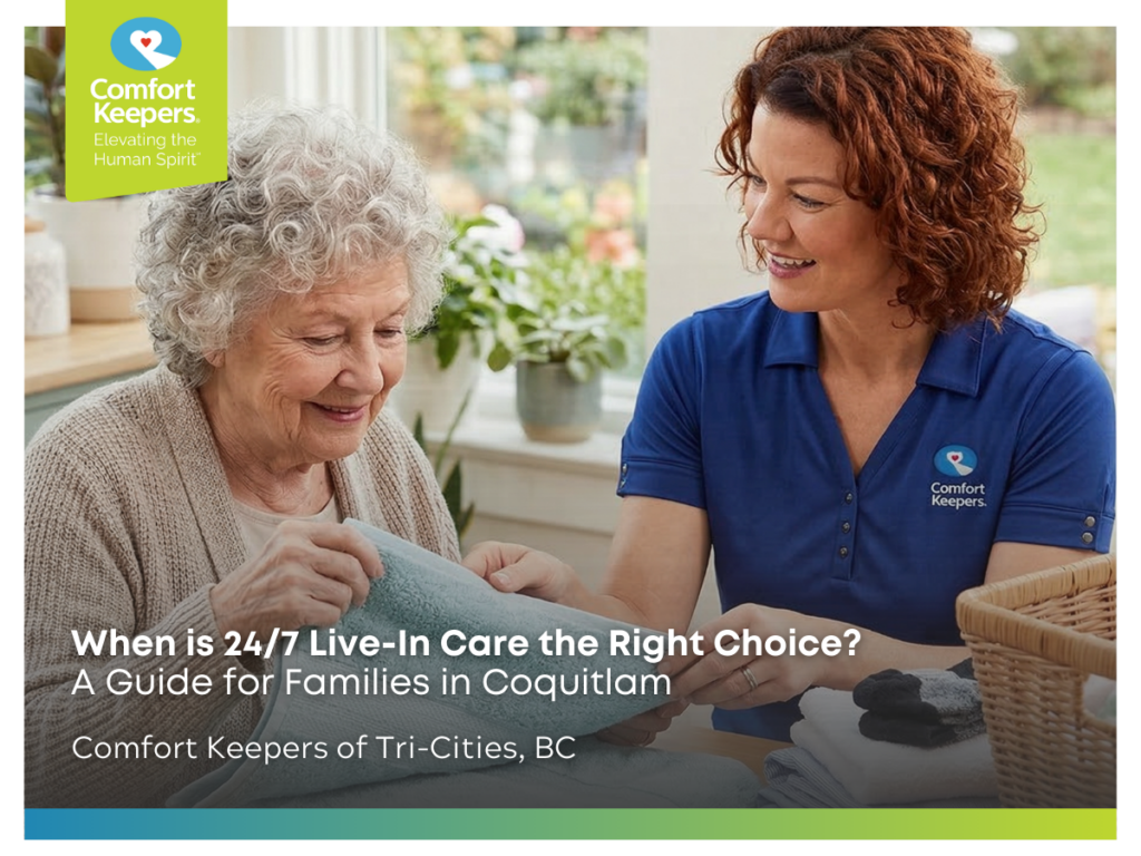 A senior woman and her caregiver fold laundry together | When is 24/7 Live-In Care the Right Choice | Comfort Keepers Tri-Cities
