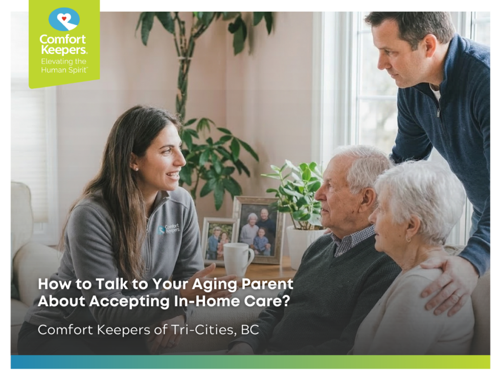 A family sits together to chat with their senior parents | How to Talk to Aging Parents About Home Care: A Family Guide | Comfort Keepers Tri-Cities