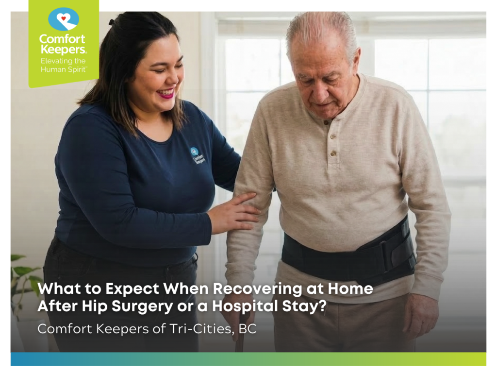A caregiver assists a senior male while walking | Hip Surgery Recovery at Home: A Senior’s Guide for Tri-Cities, BC | Comfort Keepers Tri-Cities