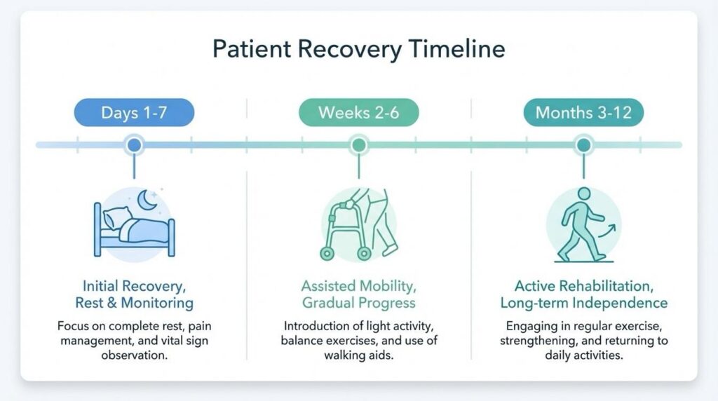Infographic that illustrates a Patient Recovery Timeline | Days 1-7 | Weeks 2-6 | Month 3-12 | Hip Surgery Recovery at Home: A Senior’s Guide for Tri-Cities, BC | Comfort Keepers Tri-Cities