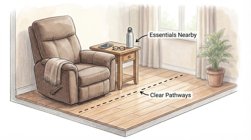 A diagram of the essentials required to create a safe environment for seniors after hip surgery | Hip Surgery Recovery at Home: A Senior’s Guide for Tri-Cities, BC | Comfort Keepers Tri-Cities