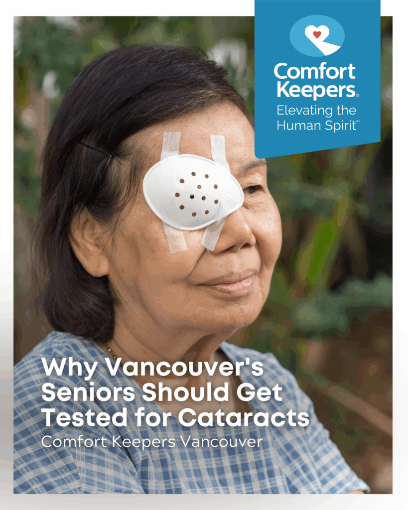 A senior woman wearing an ee patch | Why Vancouver's Seniors Should Get Tested for Cataracts | Comfort Keepers Vancouver | BLOG POST