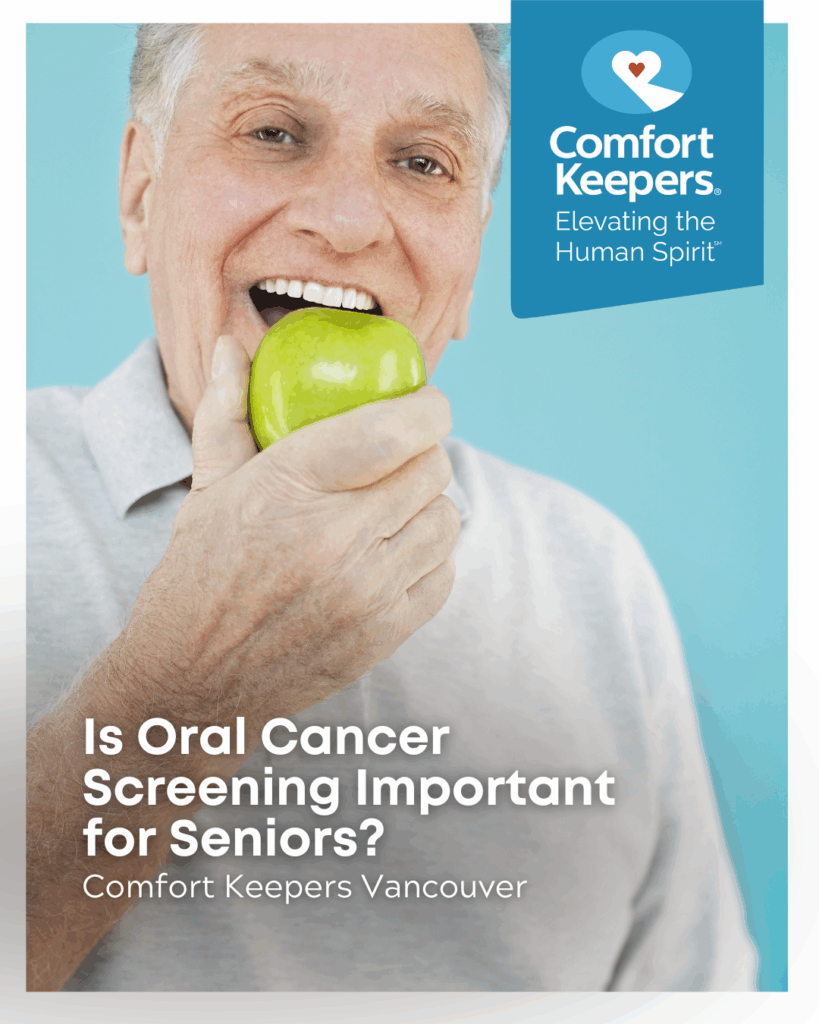 A senor man eating an apple | Is Oral Cancer Screening Important for Seniors? | Comfort Keepers Vancouver | BLOG POST