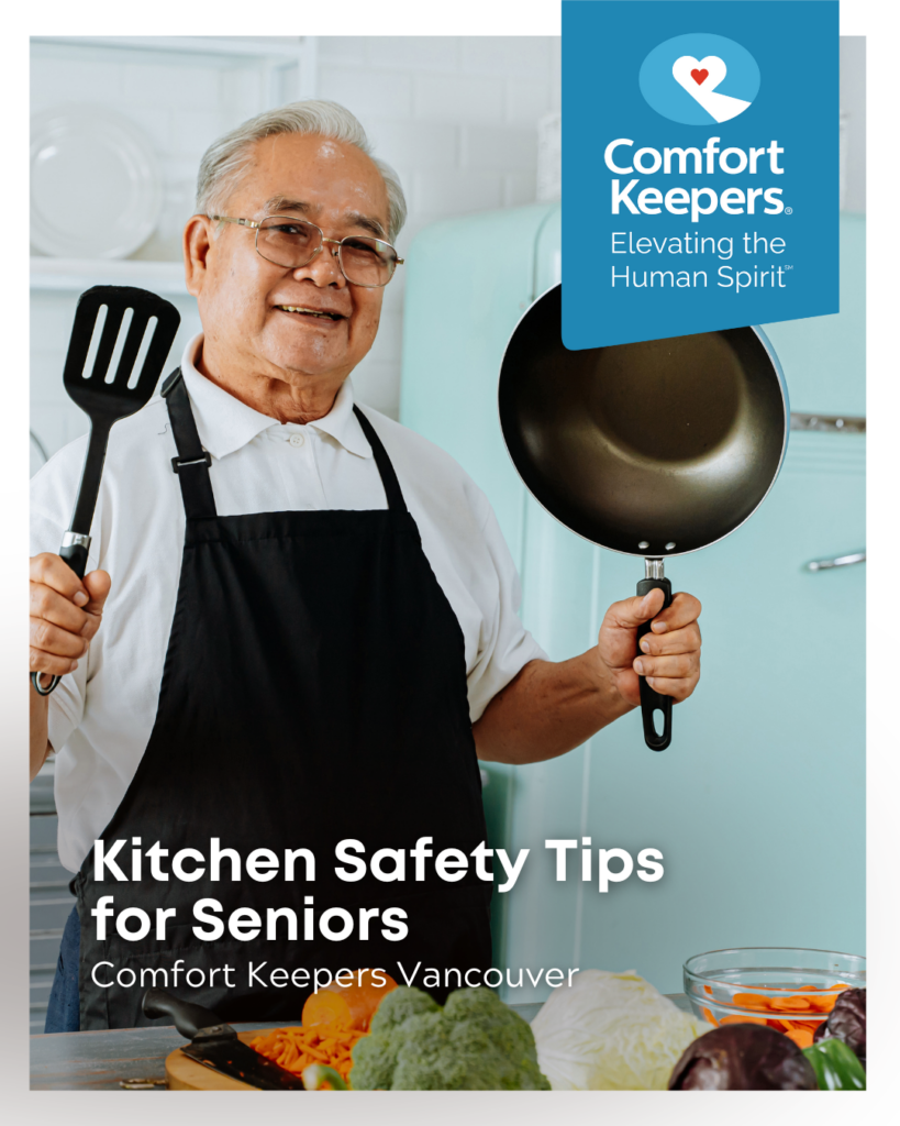 Senior male in kitchen with frying pan and spatula in hand | Kitchen Safety Tips for Seniors | Comfort Keepers Vancouver | BLOG POST