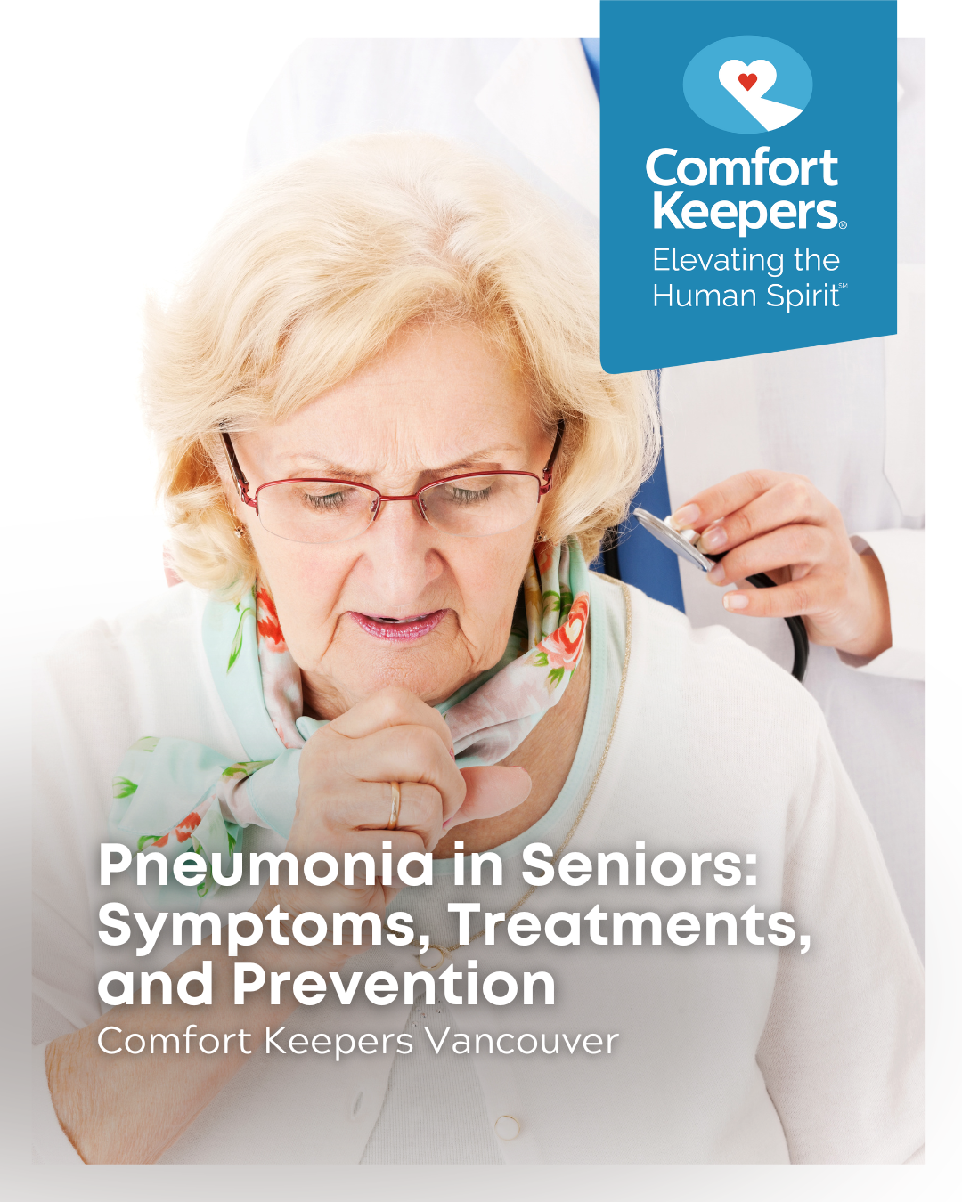 Senior woman cough during health exam | Pneumonia in Seniors: Symptoms, Treatments and Prevention | Comfort Keepers Vancouver | BLOG POST