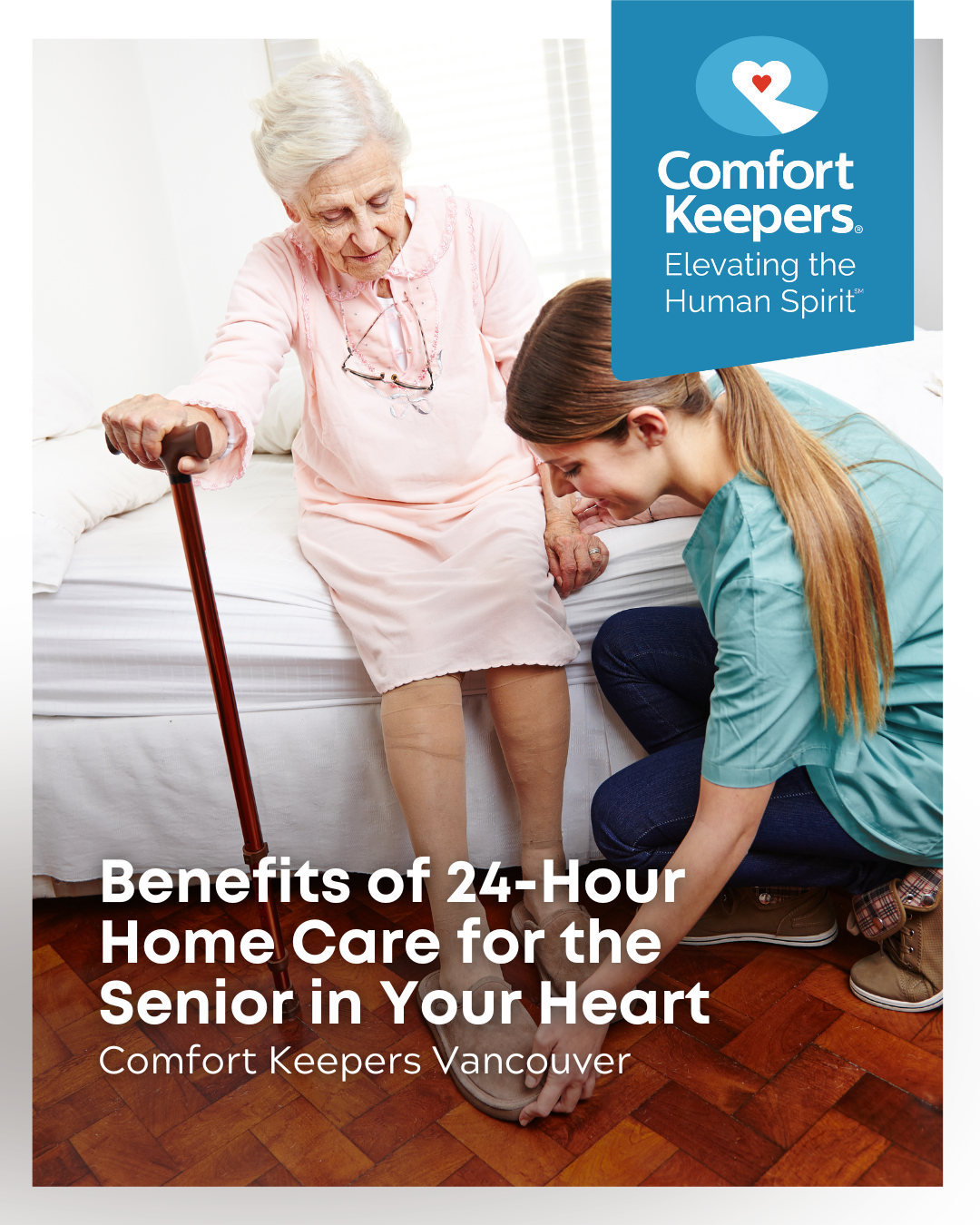 Senior woman getting out of bed with the help of a caregiver | Benefits of 24-Hour Home Care for the Senior in Your Heart | Comfort Keepers Vancouver | BLOG POST
