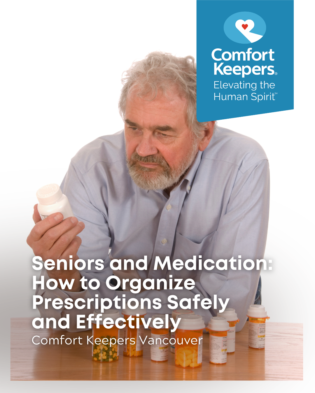 Senior male examining many prescription bottles | Seniors and Medication: How to Organize Prescriptions Safely and Effectively | Comfort Keepers Vancouver | BLOG POST