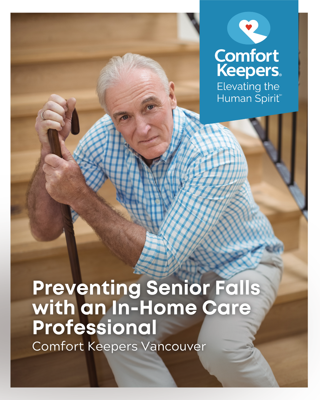 Senior male with cane on stairs | Preventing Senior Falls with an In-Home Care Professional | Comfort Keepers Vancouver | BLOG POST
