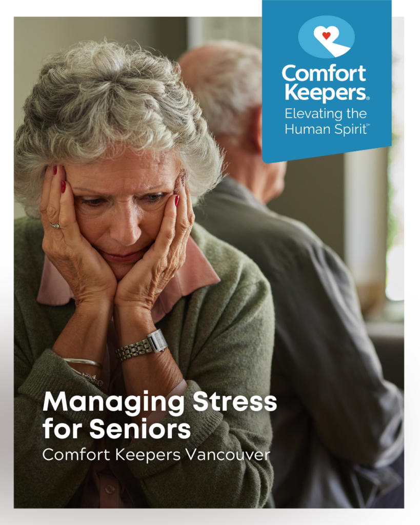 Senior couple sitting with their backs together, seemingly under stress | Comfort Keepers Vancouver | Managing Stress for Seniors | BLOG POST
