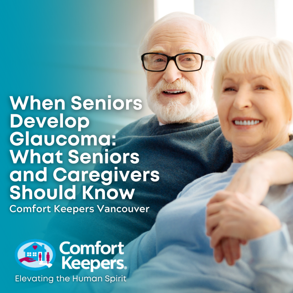 Two seniors seated and smiling | Seniors and Glaucoma | BLOG POST | Comfort Keepers Vancouver