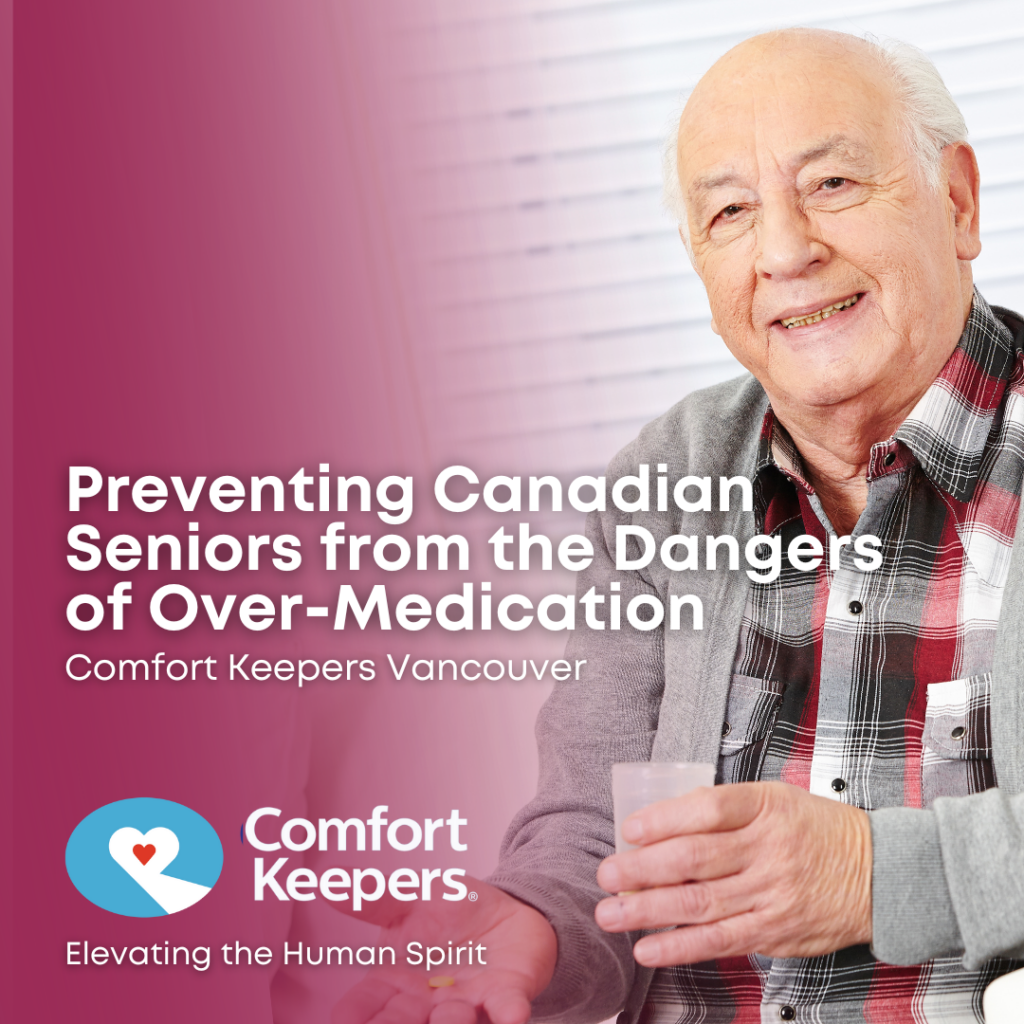 Senior male seated, smiling and holding medication cup | Over-Medication | Comfort Keepers Vancouver | BLOG POST