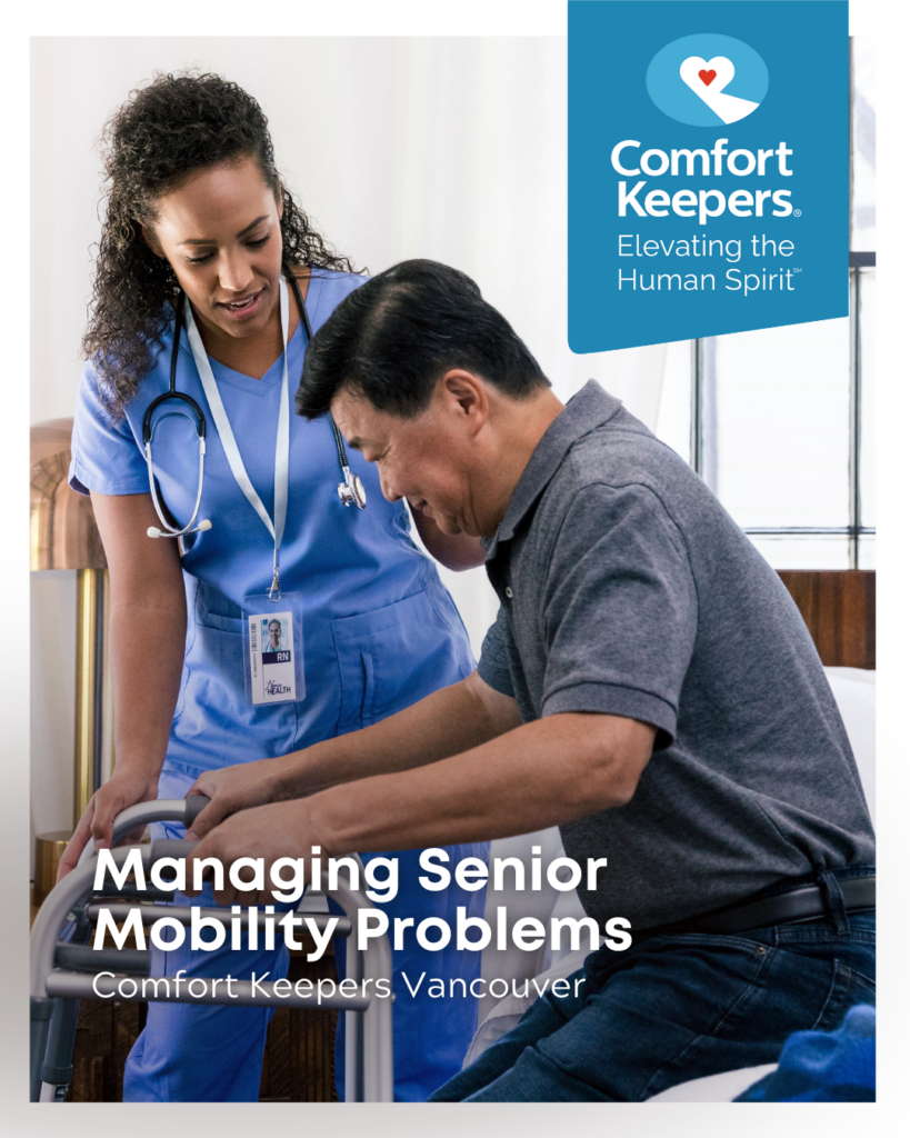 Senior male lifting self off bed with help of a caregiver | Managing Senior Mobility Problems - Comfort Keepers Vancouver - BLOG POST