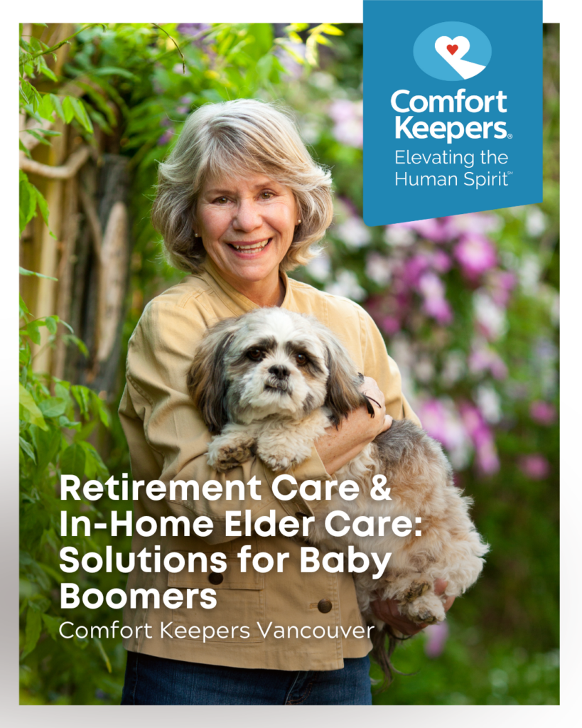 Senior woman holding her dog and standing in garden | Retirement Care and In-Home Elder Care: Solutions for Baby Boomers | Comfort Keepers Vancouver | BLOG POST