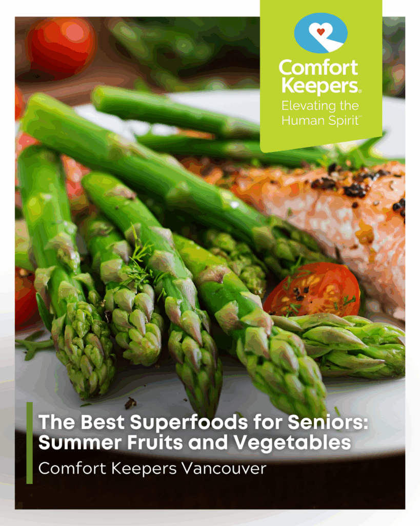 Plate of asparagus and salmon | Comfort Keepers Vancouver | The Best Superfoods for Seniors: Summer Fruits and Vegetables | BLOG POST