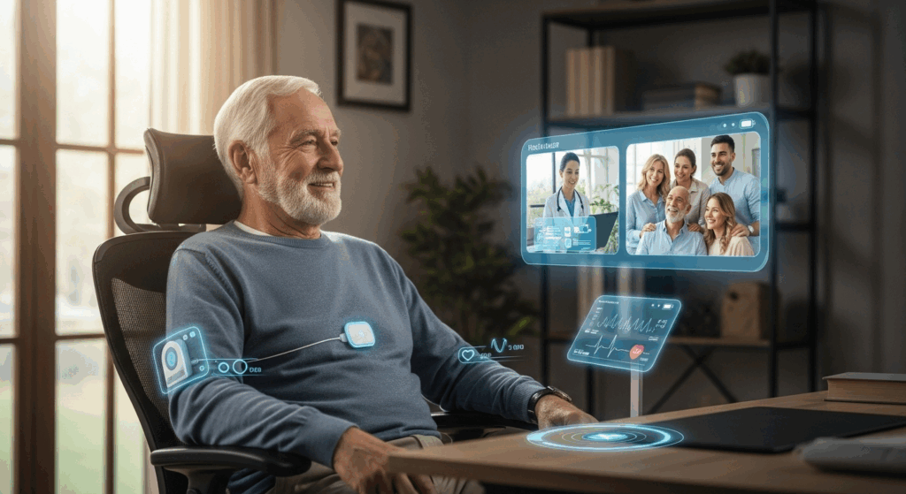 Senior male seated at desk with AI gadgets for communication | The Future of Senior Care with AI | Comfort Keepers Vancouver | BLOG POST