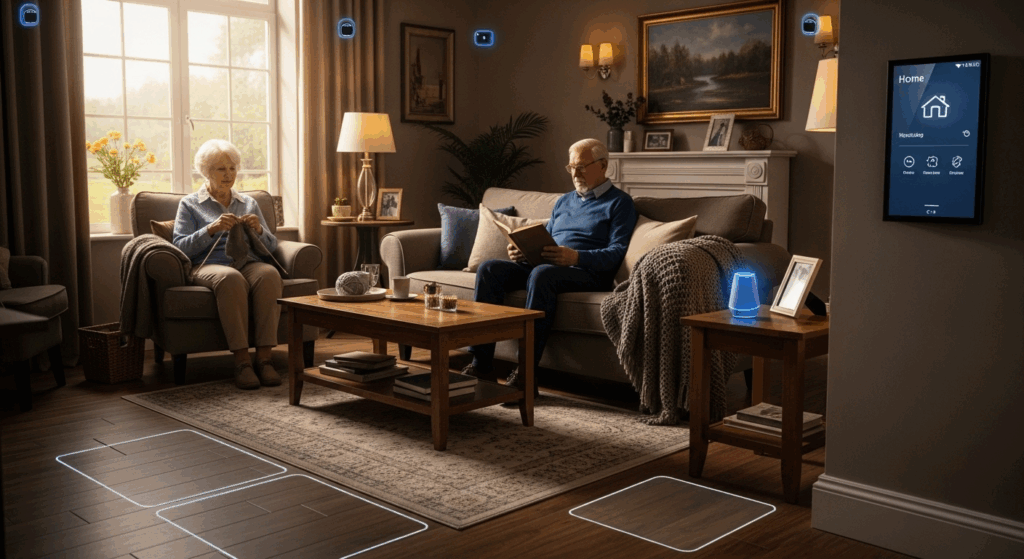 Two seniors seated in their living room with smart phone appliances | The Future of Senior Care with AI | Comfort Keepers Vancouver | BLOG POST