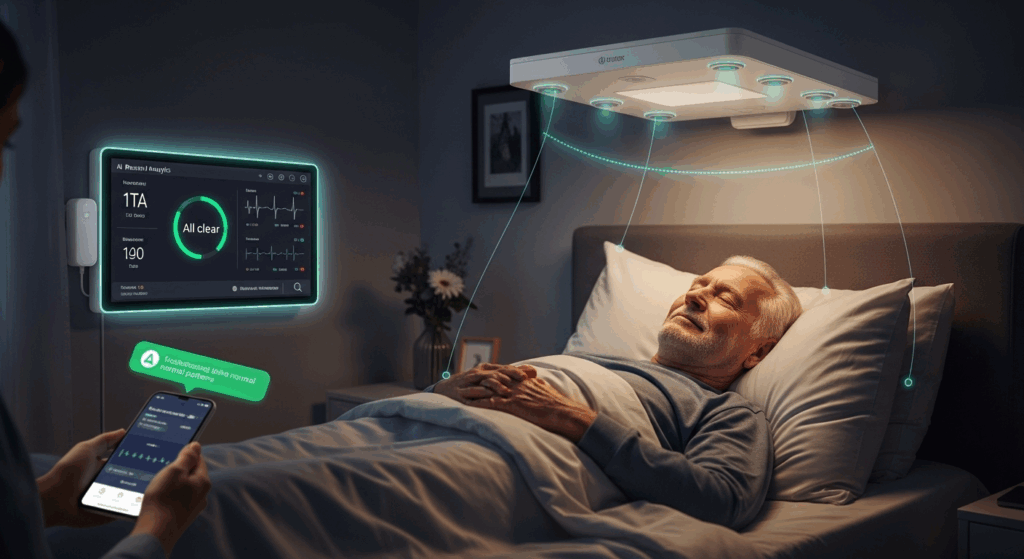Senior male asleep in bed  surrounded by AI gadgets | The Future of Senior Care in AI | Comfort Keepers Vancouver | BLOG POST