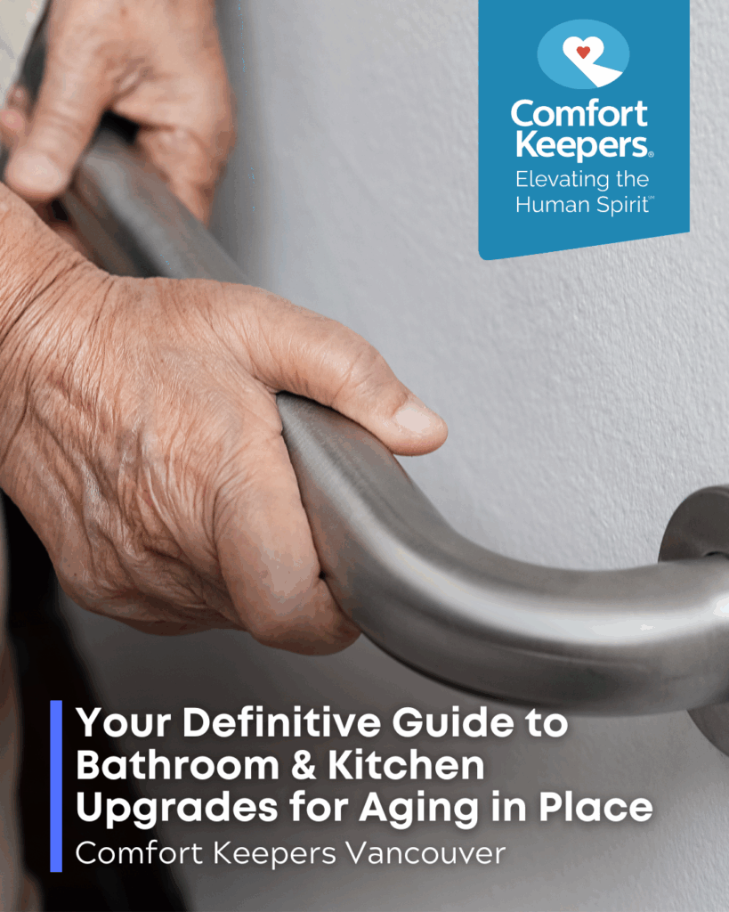 A pair of hands holding onto a bathroom safety bar | Making Home Safer: Your Definitive Guide to Bathroom & Kitchen Upgrades for Aging in Place | Comfort Keepers Vancouver | BLOG POST