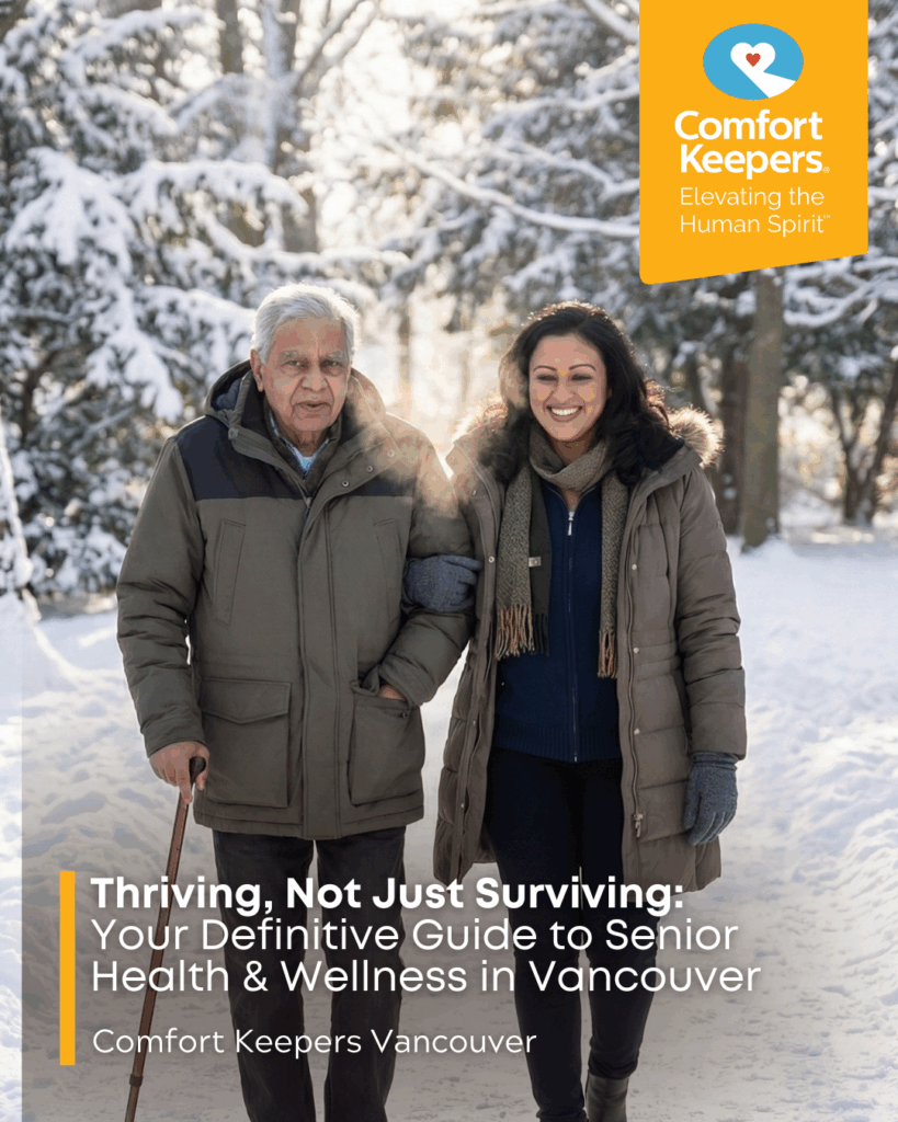 A senior male is walking outside with a cane and supported by his caregiver | Thriving, Not Just Surviving: Your Definitive Guide to Senior Health & Wellness in Vancouver | Comfort Keepers Vancouver