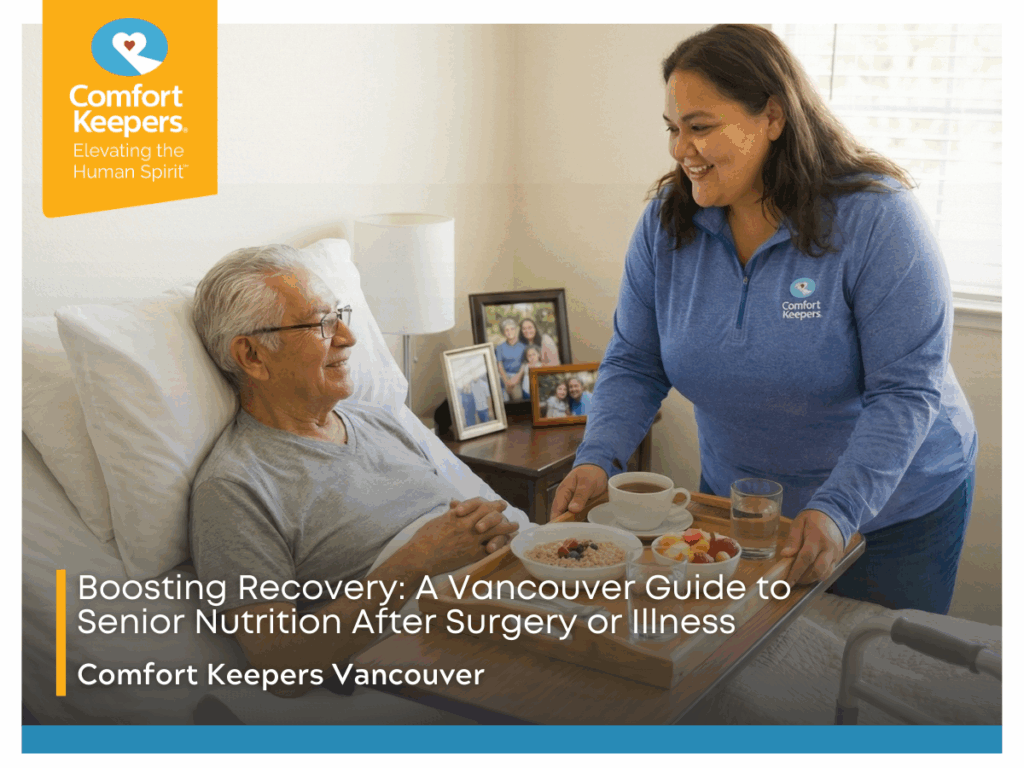 A senior male rests in bed while being served breakfast by his caregiver | Boosting Recovery with Nutrition for Seniors After Surgery | Comfort Keepers Vancouver