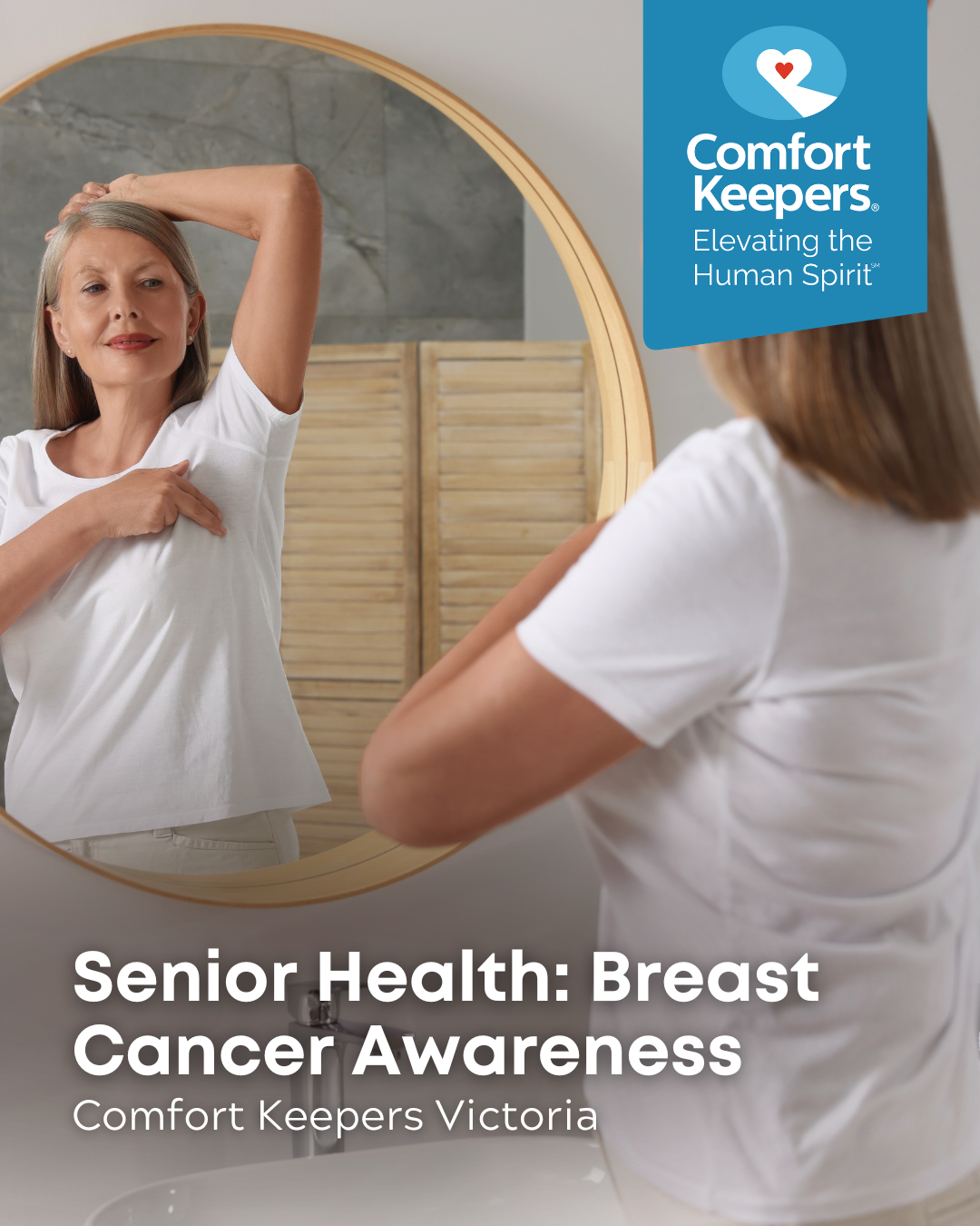 Senior woman gives herself a breast exam | Senior Health: Breast Cancer Awareness | Comfort Keepers Victoria | BLOG POST