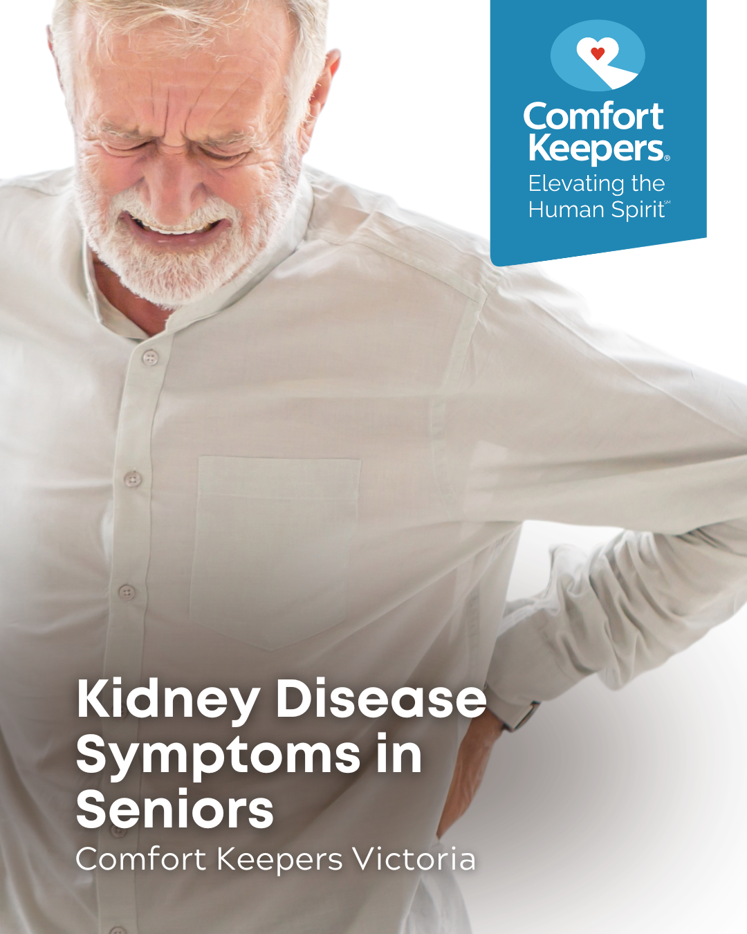 Senior male holding back in pain | Kidney Disease Symptoms in Seniors | Comfort Keepers Victoria | BLOG POST