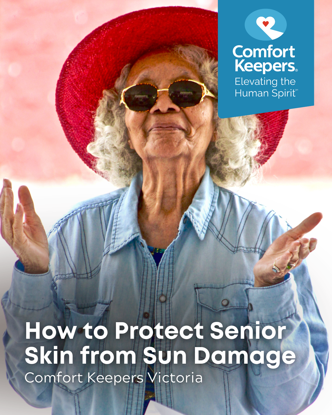 A senior woman wearing a large hat and sunglasses | How to Protect Senior Skin from Sun Damage | Comfort Keepers Victoria | BLOG POST