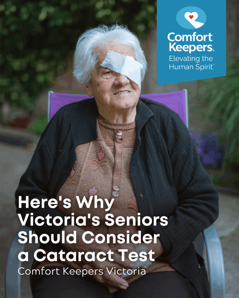A senior woman wearing an eye bandage seated in a chair | Here's Why Victoria's Seniors Should Consider a Cataract Test | Comfort Keepers Victoria | BLOG POST