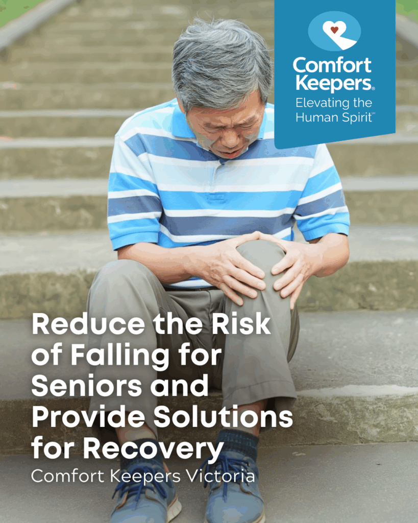 A senior male sits on cement stairs holding his knee | Reduce the Risk of Falling for Seniors and Provide Solutions for Recovery | Comfort Keepers Victoria | BLOG POST