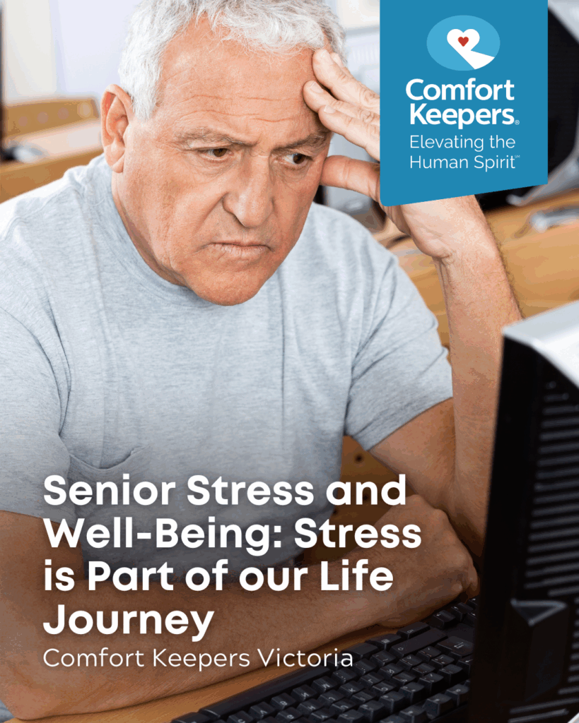 A senior man sits in front of a computer stressed | Senior Stress and Well-Being: Stress is Part of our Life Journey | Comfort Keepers Victoria | BLOG POST