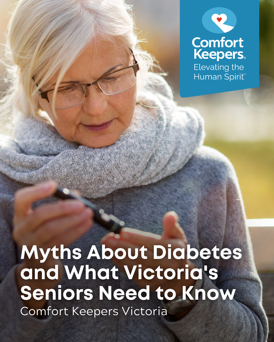 A senior woman takes a blood sugar level reading with device | Myths About Diabetes and What Victoria's Seniors Need to Know | Comfort Keepers Victoria | BLOG POST