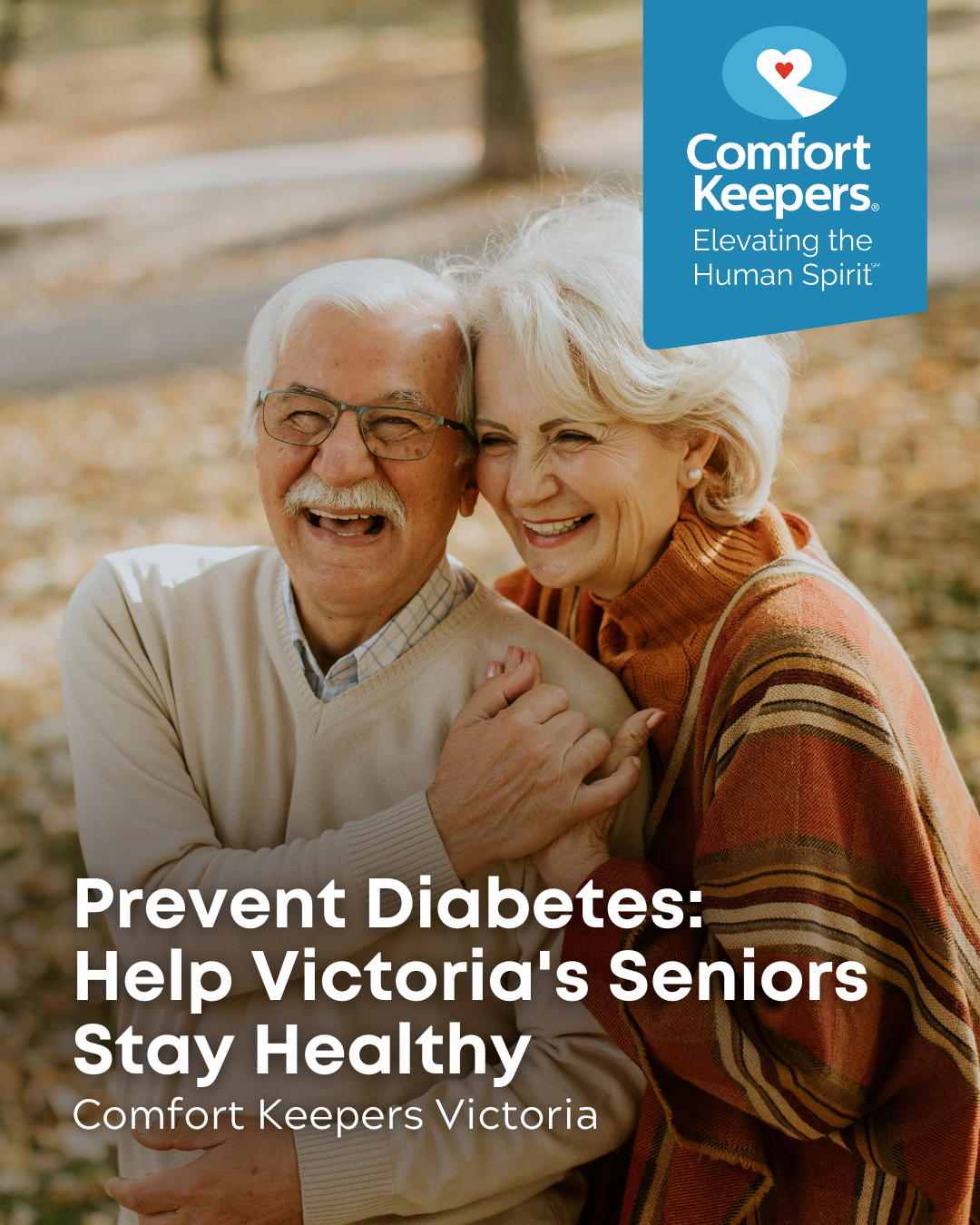 A senior couple laughing and enjoying time outside | Prevent Diabetes: Help Victoria's Seniors Stay Healthy | Comfort Keepers Victoria | BLOG POST
