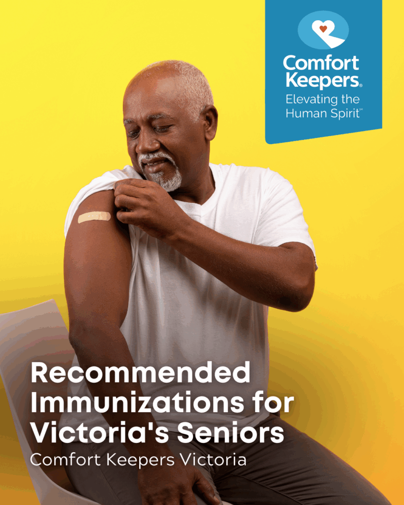 A senior male looks at his vaccination bandage | Recommended Immunizations for Victoria's Seniors | Comfort Keepers Victoria | BLOG POST