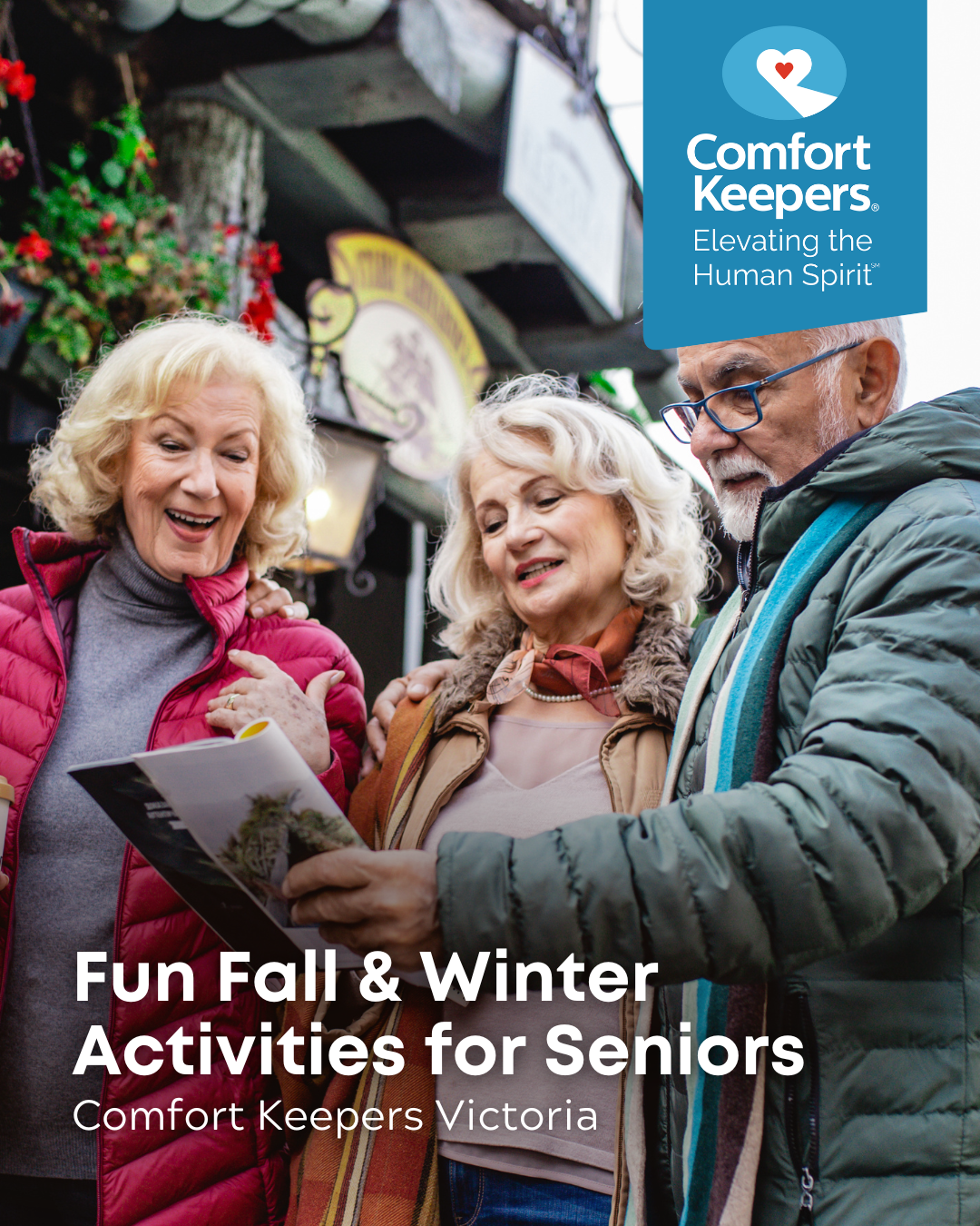 Three seniors enjoying outdoor autumn activities | Fun Fall and Winter Activities for Seniors | Comfort Keepers Victoria | BLOG POST