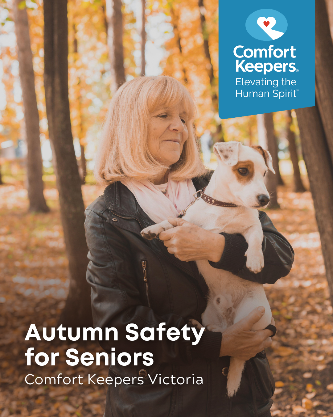 Senior woman with dog in forest during the Fall season | Autumn Safety for Seniors | Comfort Keepers Victoria | BLOG POST