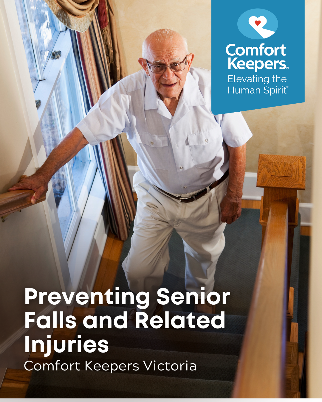 Senior male ascending stairs | Preventing Senior Falls and Related Injuries | Comfort Keepers Victoria | BLOG POST