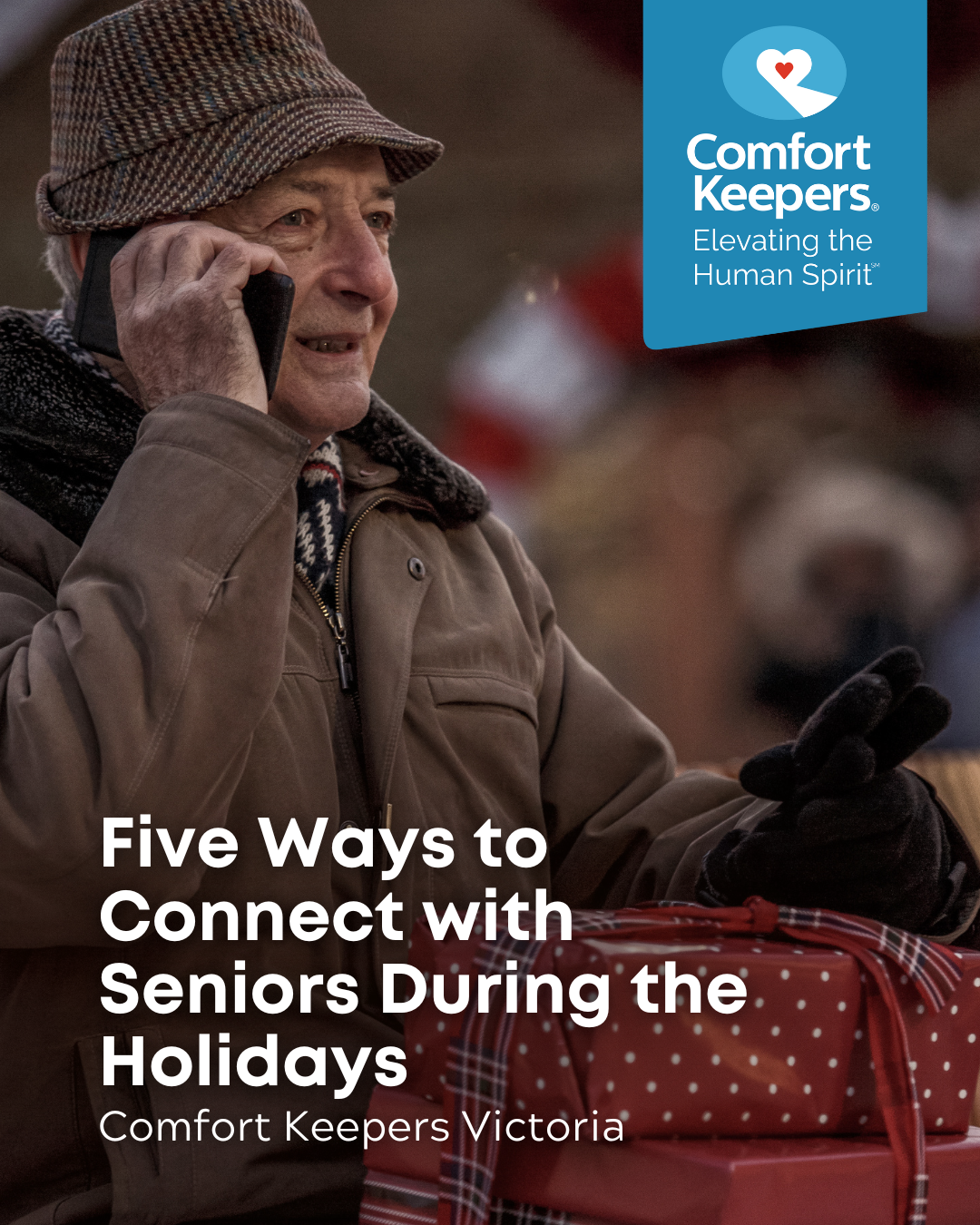 Senior male seated on bench talking on the phone | Five Ways to Connect with Seniors During the Holidays | Comfort Keepers Victoria | BLOG POST
