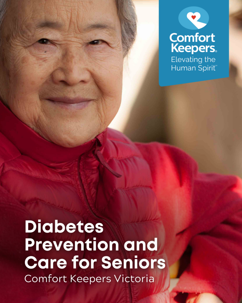 Senior woman wearing red jacket is smiling at camera | Diabetes Prevention and Care for Seniors | Comfort Keepers Victoria | BLOG POST
