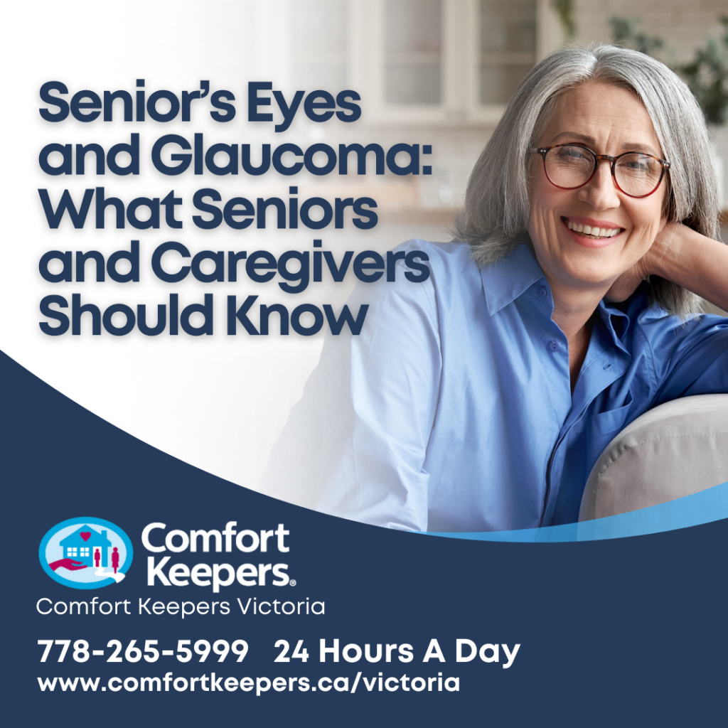 Senior woman wearing glasses seated on couch | Seniors and Glaucoma | BLOG POST " Comfort Keepers Victoria