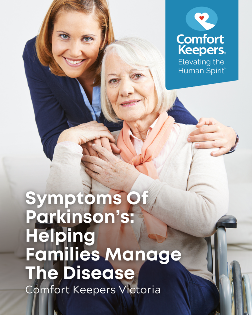 Senior Woman in wheelchair with caregiver | Symptoms pf Parkinson's: Helping Families Manage the Disease | Comfort Keepers Victoria | BLOG POST